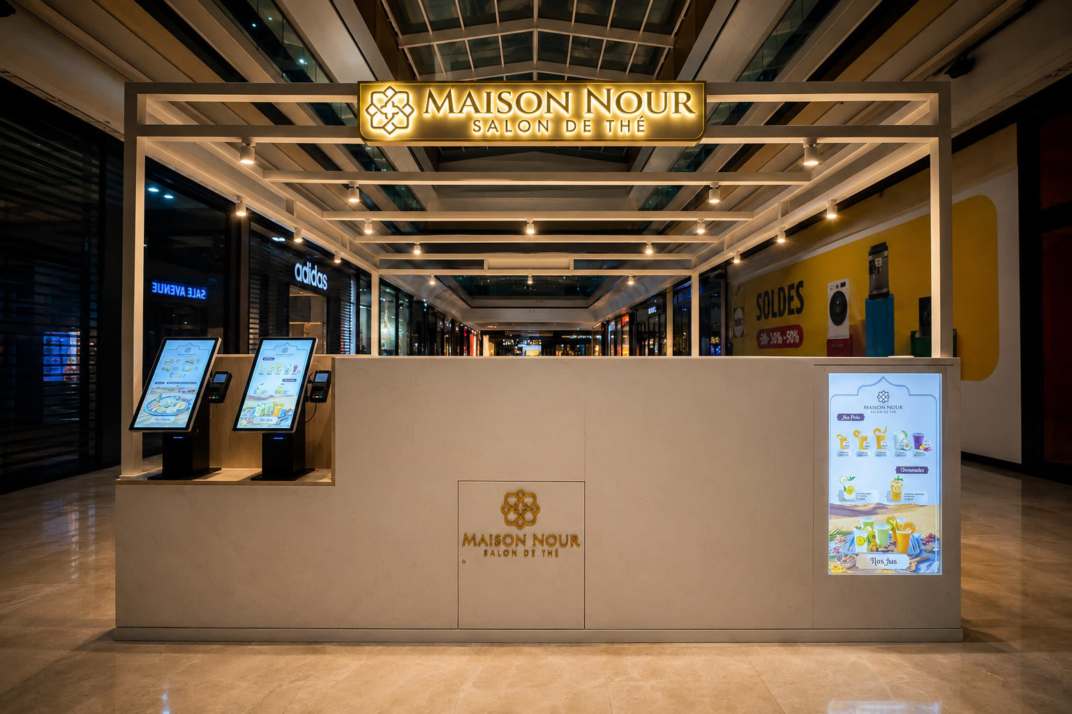 Maison Nour tea salon: marble counter and illuminated gold signage.